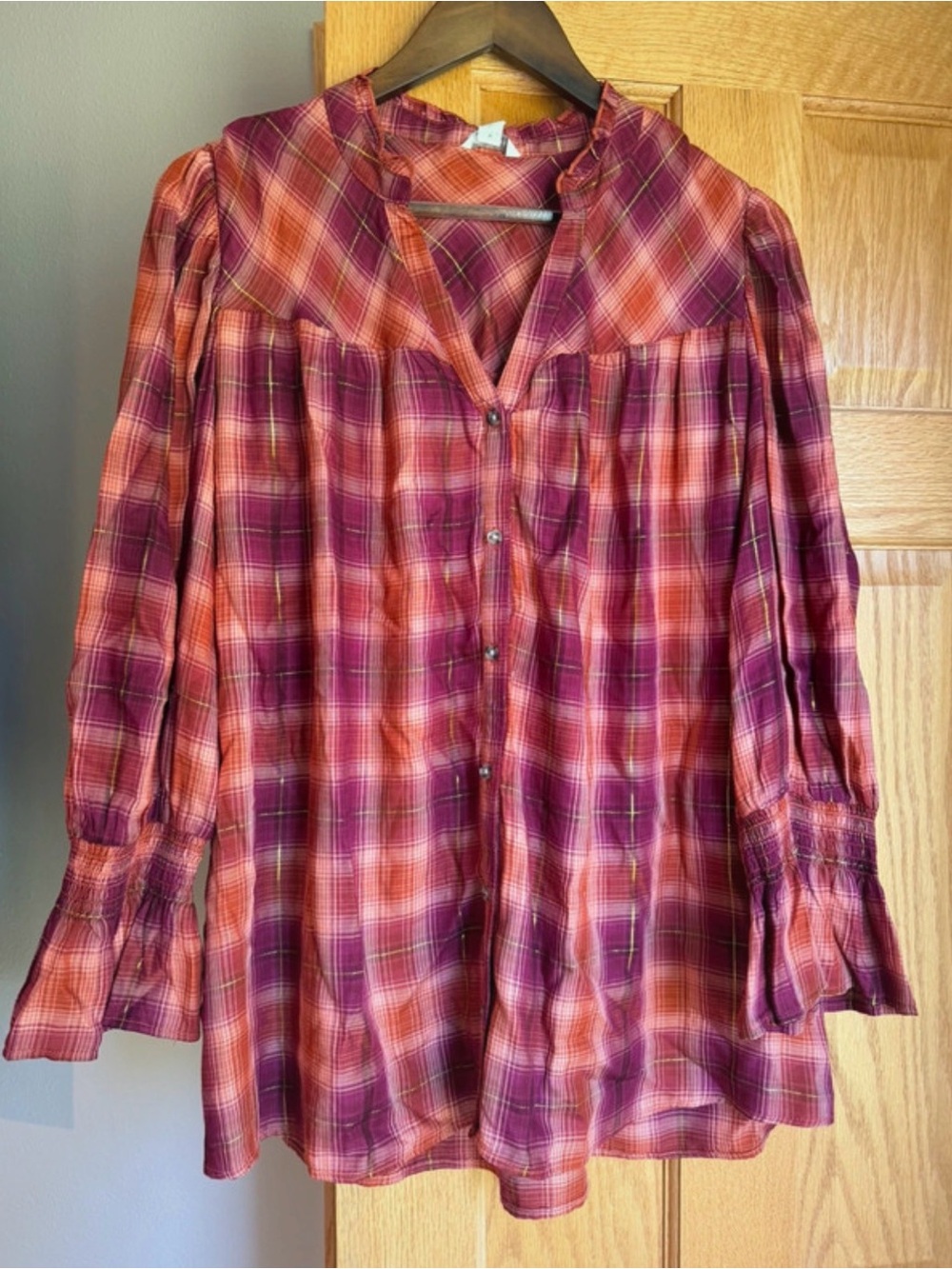 Cato Plaid Metallic Button Blouse Smocked Ruffle Sleeve Top Plus 18/20W